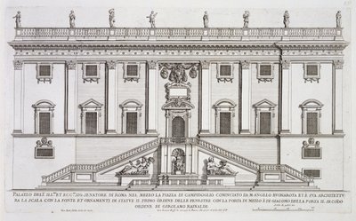 Widok fasady Palazzo Senatorio na Piazza del Campidoglio w Rzymie, rozpoczęty przez Michała Anioła Buonarrotiego (1475-1564) i ukończony przez Girolamo Rainaldi (1570-1655) autorstwa Giovanni Battista Falda