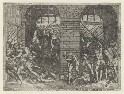 Romeinse soldaten vallen Crustumerium binnen Ofiara Crustumeni (...) pozbawiona obywatelstwa (tytuł na przedmiocie) Leven van Romulus en Remus (tytuł serii) autorstwa Giovanni Battista Fontana