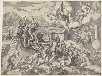 Żołnierze Eneasza walczą ze sługami króla Latinusa autorstwa Giovanni Battista Fontana