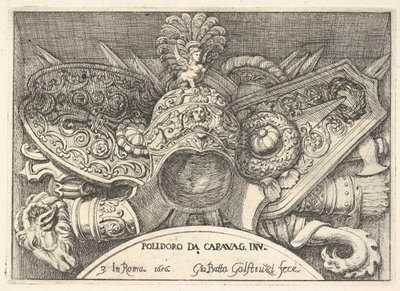 Tablica 3: trofea broni rzymskiej z dekoracji nad oknami na II piętrze ..., 1656. autorstwa Giovanni Battista Galestruzzi