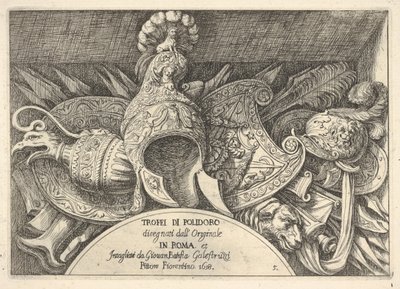 Tablica 5: trofea broni rzymskiej z dekoracji nad oknami na II piętrze ..., 1658. autorstwa Giovanni Battista Galestruzzi