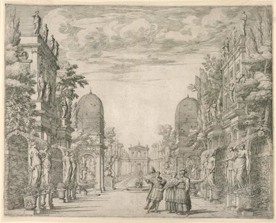 Scenografia do sceny 3 „La Vita Humana overo” z „Triumfu Piety” autorstwa Giovanni Battista Galestruzzi