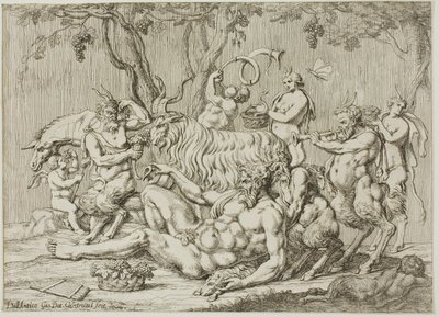 Silenus leżący z kozami i satyrami autorstwa Giovanni Battista Galestruzzi