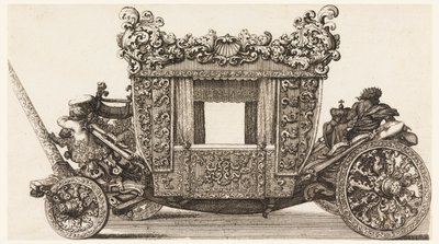 Widok z boku na pierwszy powóz (1686) Lorda Castelmaine zbudowany w 1686 przez Andreę Cornely według Ciro Ferri, 1687-1700 autorstwa Giovanni Battista Lenardi