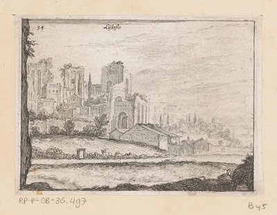 Ruïnes van Palazzo Maggiore te Rome Listesso (tytuł na obiekcie) Gezichten op Rome (tytuł serii) Niektóre widoki i perspektywy niezamieszkałych miejsc w Rzymie (tytuł serii) autorstwa Giovanni Battista Mercati