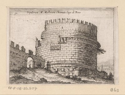 Tombe van Caecilia Metella w Rzymie Sepulcrum M. Mallorum zwany Przylądkiem Boue (tytuł na obiekcie) Gezichten op Rome (tytuł serii) Niektóre widoki i perspektywy niezamieszkanych miejsc w Rzymie (tytuł serii) autorstwa Giovanni Battista Mercati