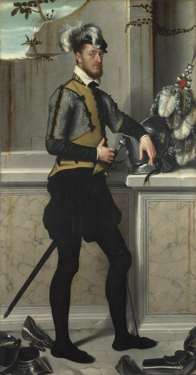 Rycerz w hełmie rycerskim Rycerz ze zranioną stopą, hrabia Faustino Avogadro, ok. 1554 autorstwa Giovanni Battista Moroni