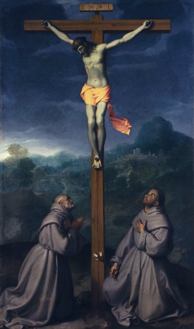Ukrzyżowanie ze świętymi Bernardynem i Antonim z Padwy, Giovanni Battista Moroni (1525 ok. 1578), olej na płótnie, 226x133 cm, kościół San Giuliano, Albino autorstwa Giovanni Battista Moroni