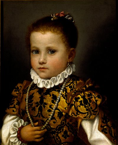 Portret małej dziewczynki Mała dziewczynka bogato ubrana w brokatową sukienkę, nosi naszyjnik z pereł i truskawkową obrożę. Obraz Giovana Battisty Moroniego (ok. 1529-1578) autorstwa Giovanni Battista Moroni