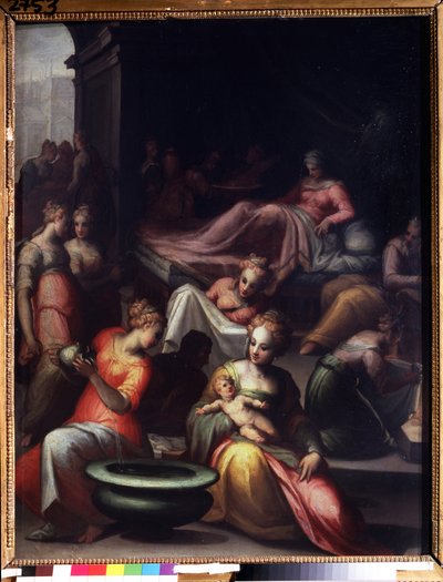 Narodziny św. Jana Chrzciciela (Narodziny Jana Chrzciciela). Obraz Giovanniego Battisty Naldini (1537-1591). Olej na płótnie. Słońce: 89x74cm. Sztuka manieryzmu florenckiego. Muzeum Puszkina w Moskwie. autorstwa Giovanni Battista Naldini