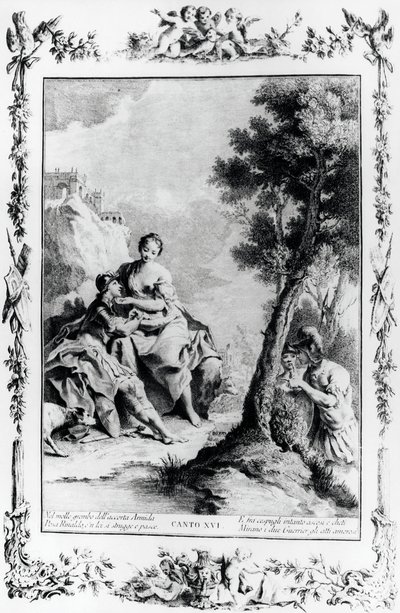 Armida i Rinaldo widziani przez krzyżowców Carlo i Ubaldo, kanto XVI, Jerozolima wydana autorstwa Giovanni Battista Piazzetta