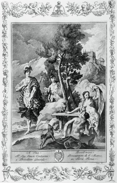 Carlo i Ubaldo w Happy Islands, rycina, Giovanni Battista Piazzetta (1683-1754) dla Canto XV of Jerusalem Delivered, Torquato Tasso (1544-1595), wydanie Giovanni Battista Albrizzi, Wenecja, Włochy autorstwa Giovanni Battista Piazzetta
