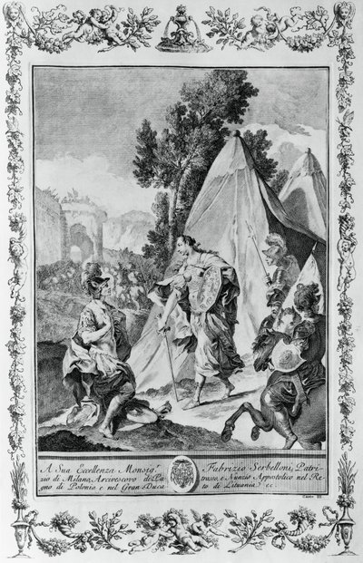 Crusaders at Siege of Jerusalem , grawerowanie, przez Giovanni Battista Piazzetta (1683-1754) dla Canto III of Jerusalem Delivered, przez Torquato Tasso (1544-1595), wydane przez Giovanni Battista Albrizzi, Wenecja, Włochy autorstwa Giovanni Battista Piazzetta