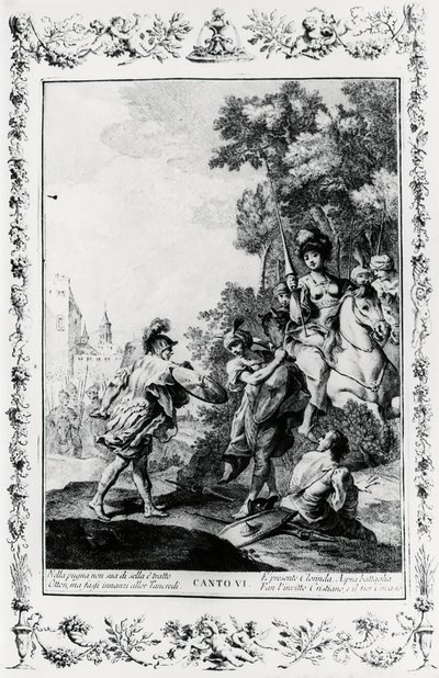 Pojedynek między Ottonem i Tancredi w obecności Clorinda, kanto VI, Jerozolima wygłoszona autorstwa Giovanni Battista Piazzetta