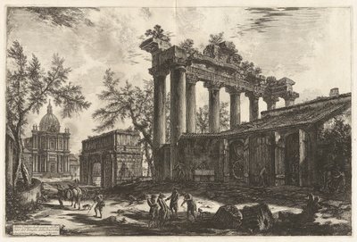 Altra Veduta degli avanzi del Pronao del Tempio del Concordia (Kolejny widok szczątków pronaosów Świątyni Zgody [Świątynia Saturna z Łukiem Septymiusza Sewera w lewym tle]), z Vedute di Roma (Widoki Rzymu) autorstwa Giovanni Battista Piranesi