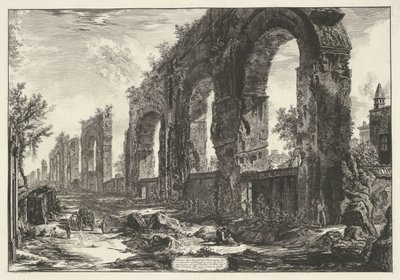 Aquaduct van Nero w Rzymie Resztki Akweduktów Nerońskich, które chcieli zniszczyć na starość (...) (tytuł na obiekcie) Gezichten op Rome (tytuł serii) Widoki Rzymu zaprojektowane i wyryte przez architekta Giambattistę Piranesiego Ve (nez) iano (ser autorstwa Giovanni Battista Piranesi