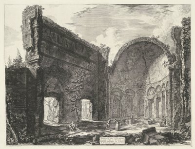 Bibliotheek w de Villa Adriana t i Tivoli Pozostałości pokoju należącego do Castro Pretorio w Villa Adriana w Tivoli (tytuł na obiekcie) Gezichten op Rome (tytuł serii) Widoki Rzymu zaprojektowane i wyryte przez architekta Giambattistę Piranesiego Ve (nez) autorstwa Giovanni Battista Piranesi