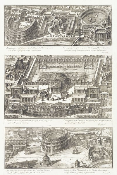 Widok z lotu ptaka na: teatry Balbo i Marcello, Panteon i okolice oraz amfiteatr Statilio Tauro autorstwa Giovanni Battista Piranesi