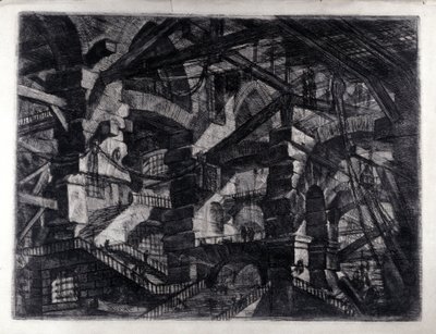 „Więzienia wynalazków” „Wewnętrzny widok wyimaginowanego więzienia. Rysunek autorstwa Giovanniego Piranesiego (znanego jako Piranese) (1720-1778). autorstwa Giovanni Battista Piranesi