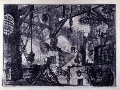 „Więzienia wynalazczości” „Wewnętrzny widok wyimaginowanego więzienia. Rysunek autorstwa Giovanniego Piranesiego (znanego jako Piranese) (1720-1778). autorstwa Giovanni Battista Piranesi