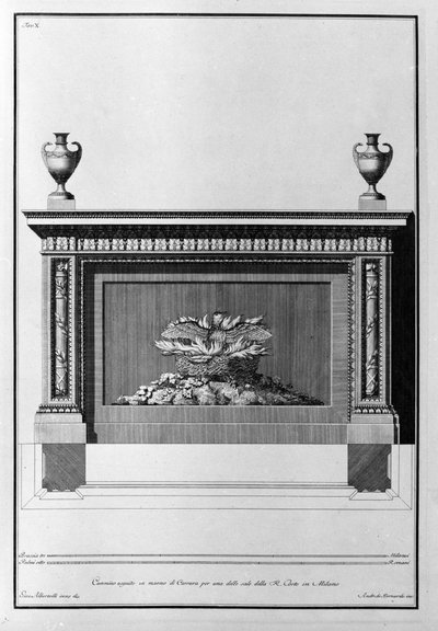 Projekt kominka z marmuru Carrara do mediolańskiego salonu. Rysunek autorstwa Giovanniego Piranesiego (znanego jako Piranese) (1720-1778). autorstwa Giovanni Battista Piranesi