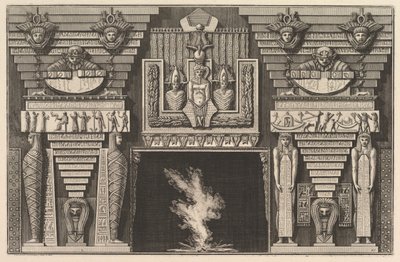 Komin w stylu egipskim: Dwie mumie z profilu po lewej stronie i dwie postacie..., ca. 1769. autorstwa Giovanni Battista Piranesi