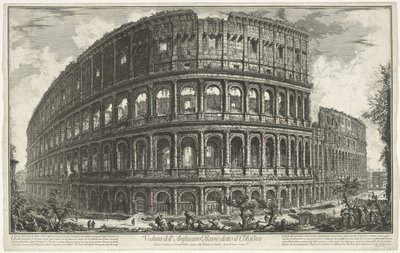 Koloseum w Rzymie Widok na Amfiteatr Flawiuszów, zwany Koloseum (tytuł na obiekcie) Gezichten op Rome (tytuł serii) Widoki Rzymu zaprojektowane i wyryte przez architekta Giambattistę Piranesiego Ve (nez) iano (tytuł serii) autorstwa Giovanni Battista Piranesi