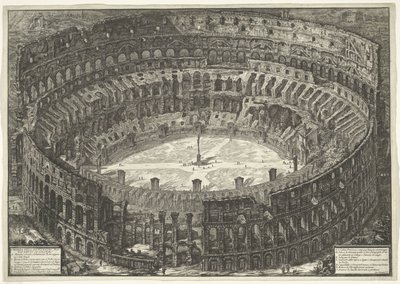 Koloseum w Rzymie Widok na Amfiteatr Flawiuszów znany jako Koloseum (tytuł na obiekcie) Gezichten op Rome (tytuł serii) Widoki Rzymu zaprojektowane i wyryte przez architekta Giambattistę Piranesiego Ve (nez) iano (tytuł serii) autorstwa Giovanni Battista Piranesi