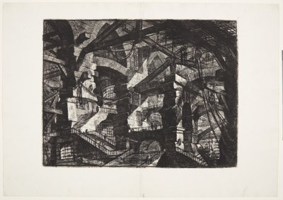 Złożone grupy powiązanych ze sobą zniszczonych łuków podtrzymujących belki i liny autorstwa Giovanni Battista Piranesi
