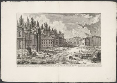 Forum Romanum spotkało się z Tempel van Jupiter Stator te Rome Widok miejsca, w którym znajdowało się starożytne Forum Romanum (tytuł na obiekcie) Gezichten op Rome (tytuł serii) Widoki Rzymu zaprojektowane i wyryte przez architekta Giambattistę Piranesieg autorstwa Giovanni Battista Piranesi