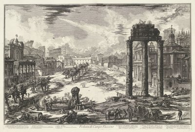 Forum Romanum w Rzymie Widok na Campo Vaccino (tytuł na obiekcie) Gezichten op Rome (tytuł serii) Widoki Rzymu zaprojektowane i wyryte przez architekta Giambattistę Piranesiego Ve (nez) iano (tytuł serii) autorstwa Giovanni Battista Piranesi