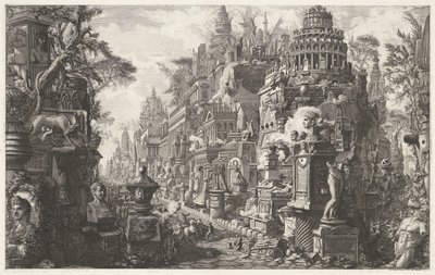 Frontispiece spełnione een fantasievoortelling van de Via Appia Antica Frontyspis tomu II „Le Antichità Romane” Widok antycznego skrzyżowania dróg Appian i Ardeat przy 2. kamieniu za bramą (tytuł na obiekcie) Archeologische vondsten w en autorstwa Giovanni Battista Piranesi