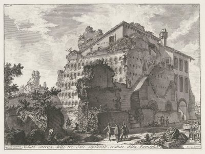 Graftombe van familie van keizer Augustus Widok zewnętrzny trzech pomieszczeń grobowych, uważanych za należące do rodziny Aug.to (tytuł na obiekcie) Archeologische vondsten in en rond Rome (tytuł serii) Starożytności rzymskie (tytuł serii) autorstwa Giovanni Battista Piranesi