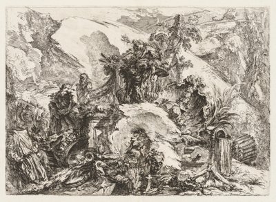 Groteschi: Ruiny z głową i szkieletem śmierci autorstwa Giovanni Battista Piranesi