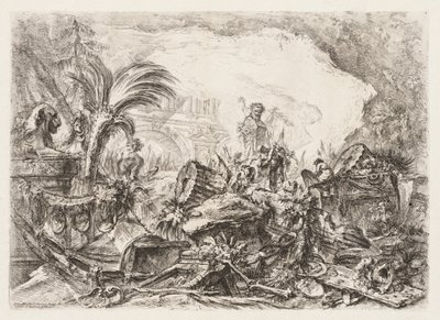 Groteschi: Ruiny z posągiem fauna i upadłą kolumną autorstwa Giovanni Battista Piranesi