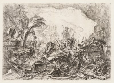 Groteschi: Ruiny z posągiem fauna i upadłą kolumną, ca. 1745-50. autorstwa Giovanni Battista Piranesi