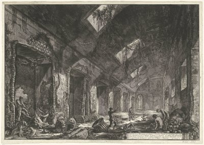 Interieur van de Heliocaminus Baden w de Villa Adriana t i Tivoli Widoki kominka Helio do życia w zimie, który był ogrzewany przez słońce, które było wprowadzane przez okna (tytuł na obiekcie) Gezichten op Rome (tytuł serii) Widoki Rzymu diseg autorstwa Giovanni Battista Piranesi