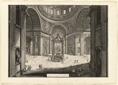 Widok wnętrza Bazyliki Świętego Piotra w Watykanie, w pobliżu trybuny, z Widoki Rzymu autorstwa Giovanni Battista Piranesi