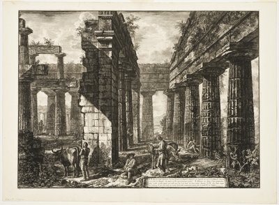 Widok wnętrza szczątków jednego z pronaoi świątyni Neptuna, który jest skierowany w głąb lądu, z różnych widoków Paestum autorstwa Giovanni Battista Piranesi