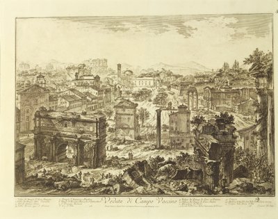 Włochy, Rzym, widok Campo Vaccino (Forum Rzymskie) z Łukiem Septymiusza Sewera (rycina) autorstwa Giovanni Battista Piranesi