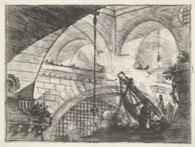 Loch z instalacją do podnoszenia Łuk z ornamentem muszli Lochy (tytuł serii) Invenzioni Capric di Carceri all Acqua Forte (tytuł serii) autorstwa Giovanni Battista Piranesi