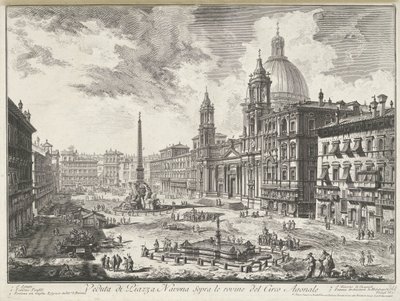 Piazza Navona w Rzymie Widok Piazza Navona na ruiny Cyrku Agonalnego (tytuł na obiekcie) Gezichten op Rome (tytuł serii) Widoki Rzymu zaprojektowane i wyryte przez architekta Giambattistę Piranesiego Ve (nez) iano (tytuł serii) autorstwa Giovanni Battista Piranesi