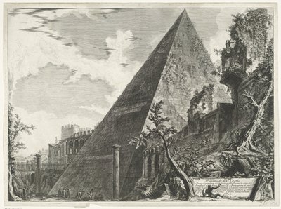 Piramide van Cestius te Rome Piramida C. Cestio (tytuł na obiekcie) Gezichten op Rome (tytuł serii) Widoki Rzymu zaprojektowane i wyryte przez architekta Giambattistę Piranesiego Ve (nez) iano (tytuł serii) autorstwa Giovanni Battista Piranesi