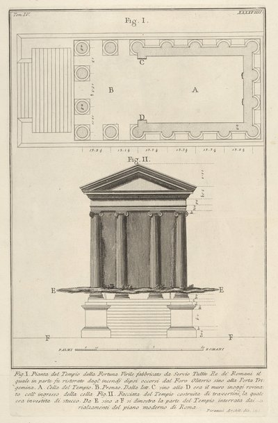 Plan i fasada świątyni Fortuna Virilis Tempio della Fortuna Virile, z lat 1756. autorstwa Giovanni Battista Piranesi