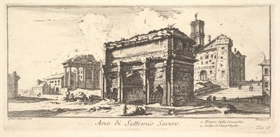 Płyta 13: Łuk Septymiusza Sewera 1. Świątynia Zgody. 2. Wejście na Kapitol..., ok. godz. 1748. autorstwa Giovanni Battista Piranesi