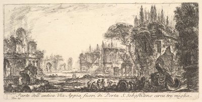 Ilustracja 19: Część starożytnej Drogi Appijskiej około trzech mil od Porta S. Sebastiano..., ca. 1748. autorstwa Giovanni Battista Piranesi