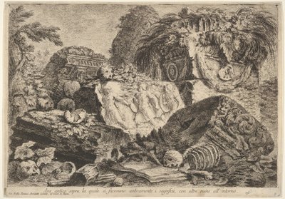 Tablica 7: Starożytny ołtarz, na którym składano ofiary w starożytności, otoczony innymi..., 1743. autorstwa Giovanni Battista Piranesi