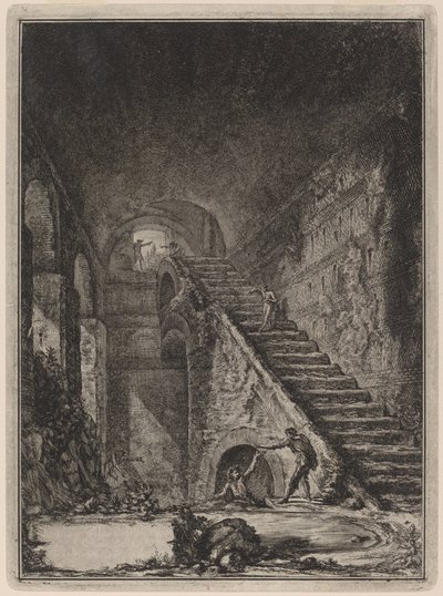 Perspektywa Klatki Schodowej zabezpieczenia wodnego w/w obudów, wymienionych w planie na Tablicy XIII z wt. G. autorstwa Giovanni Battista Piranesi