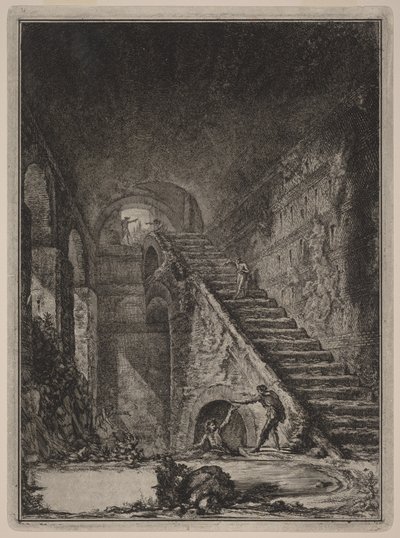 Perspektywa schodów zbiornika wodnego wspomnianych wcześniej pomieszczeń mieszkalnych, oznaczonych na planie w tablicy XIII literą G. autorstwa Giovanni Battista Piranesi