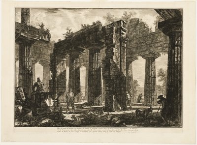 Widok z tyłu szczątków pronaos świątyni Neptuna, narysowanych na dwóch poprzednich płytach, z różnych widoków Paestum autorstwa Giovanni Battista Piranesi